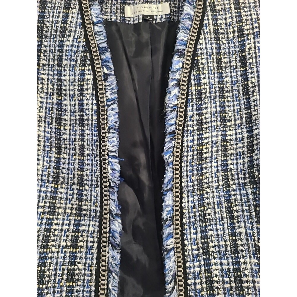 Tahari Arthur Levine Blue Fringe Braid Trim Tweed Crop Lady Jacket Blazer Sz 6 - Picture 4 of 7
